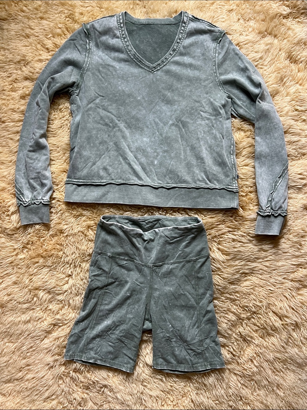 Marika Sage Green Stone Wash Biker Shorts and Matching Sweatshirt